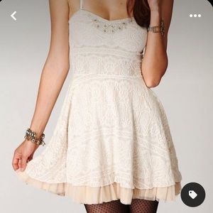 Cream Free People Lace Dress with Strapless Tulle Detail and Embellishment